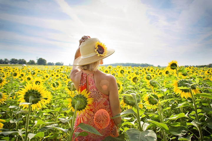 Mädchen, das über ihrer Schulter auf einem Gebiet von Sonnenblumen schaut. Entdecken Sie die Sommerangebote des Agriturismo La Porcareccia in der Toskana.